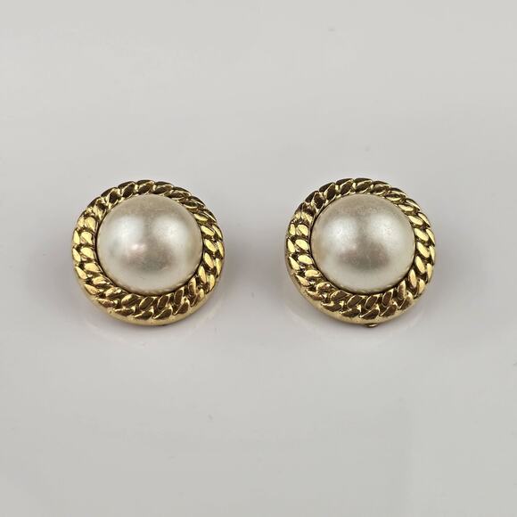 Vintage Henkel & Grossé Gold Clip-On Earrings Faux Pearl 2.3cm - Picture 1 of 4